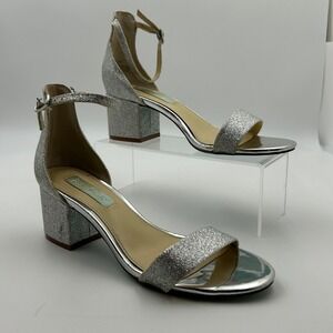 Betsey Johnson SB-MIRI Sandals 7.5 Silver Glitter Block Heel Glam Spark Wedding